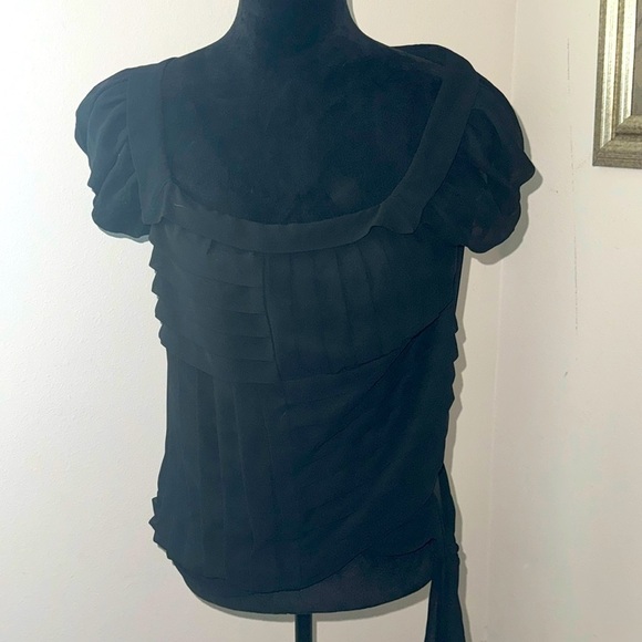 MAX Studio Sz S black polyester semi sheer puff sleeves tie waist top blouse - Picture 1 of 7